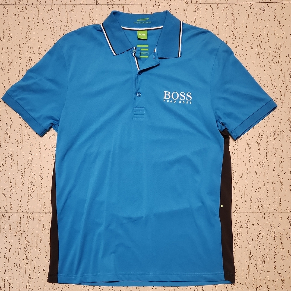 Hugo Boss 1/4 Button Down Big Spellout Polo Shirt Blue, Black & White